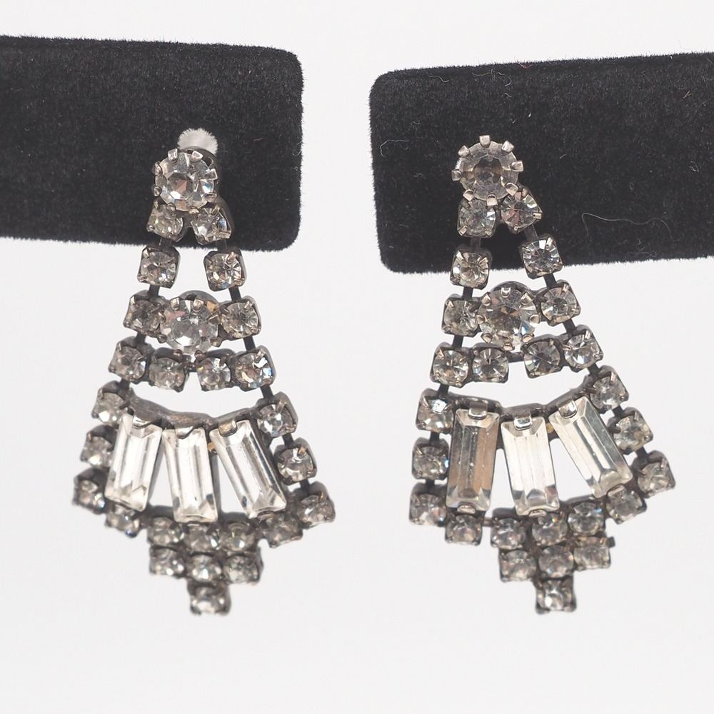 Vintage Earrings Rhinestone Chandelier Drop Art Deco Dangle Silver Tone Pierced